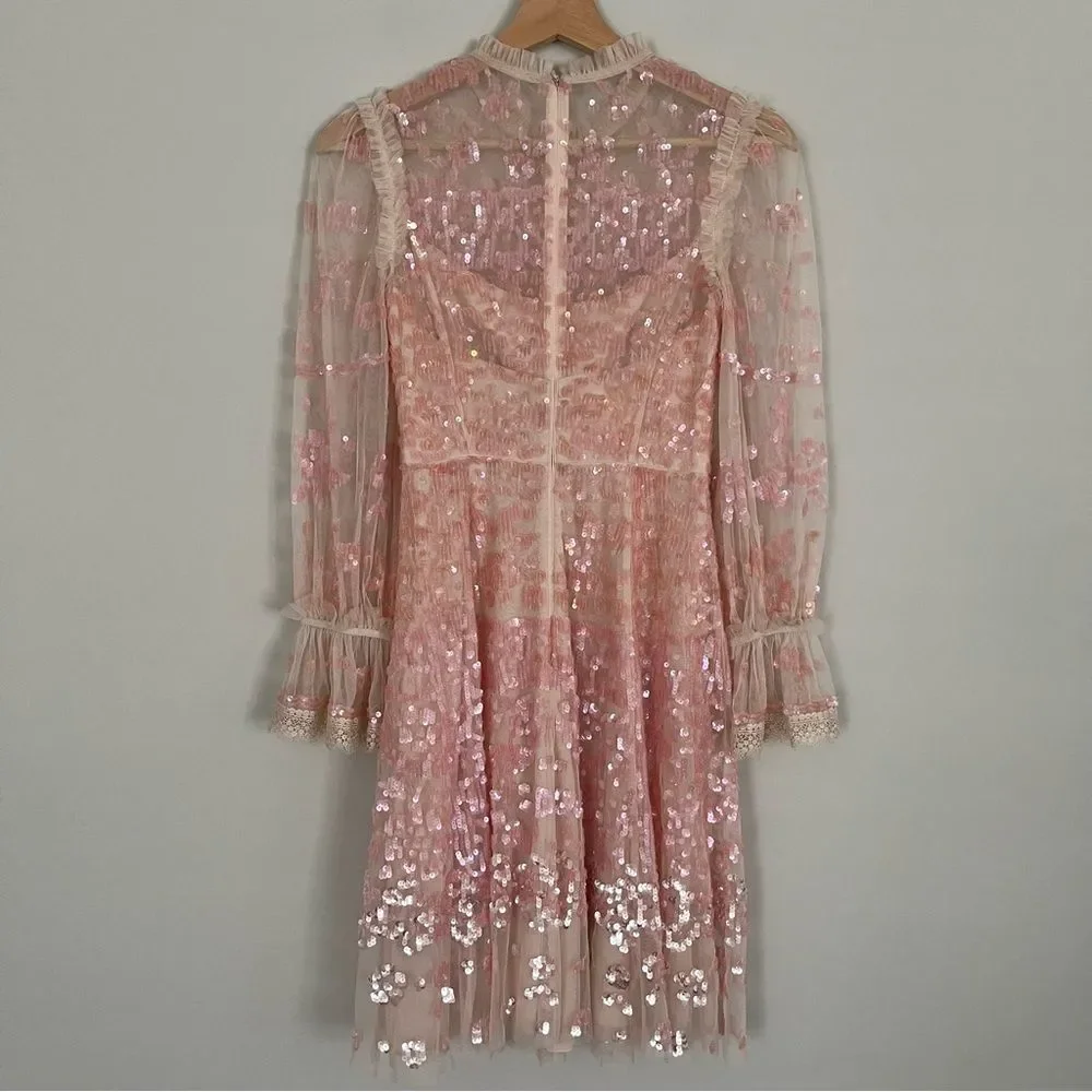BHLDN Needle & Thread Pink Sequin Long Sleeve Dress, Size 0 NWOT